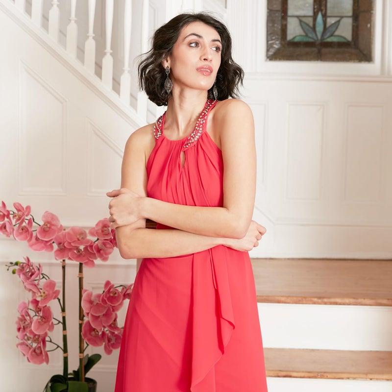 S.L. Fashions Women's Jewel Halter Neckline Cocktail Dress, Wedding Guest, Perfect Party Dress,(Petite and Regular Sizes), Cerise, 10 - Image 2